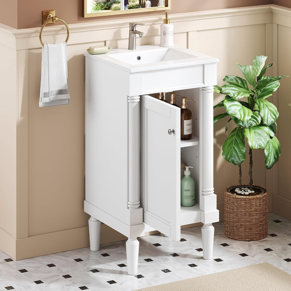 VilroCaz Modern 18'' Bathroom Vanity with Top Sink, Freestanding Bathroom Storage Cabinet with Door and Adjustable Shelf, Single Sink Cabinet with Nordic Style Legs (White-Right-Open)