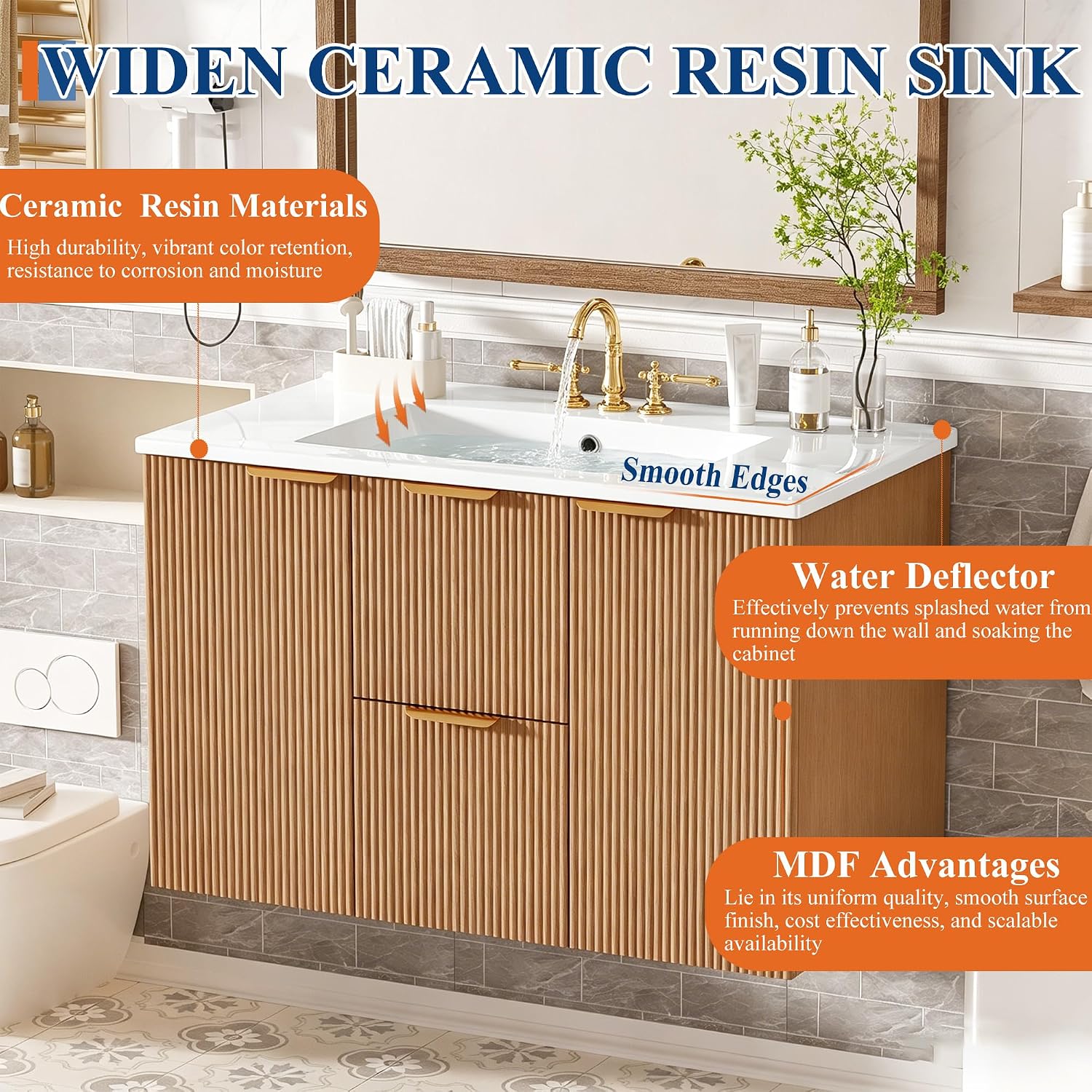 36 Inch Bathroom Vanity with Sink, Modern Fluted Single Bathroom Vanity with Ceramic Sink, Bath Room Cabinet with Divided Drawers, Wall-Mounted Modern Storage Vanity for Small Space (36''-Wood)