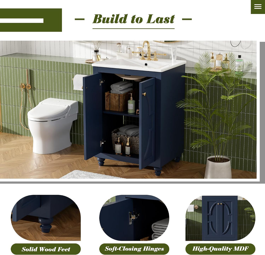 VilroCaz 24' Modern Bathroom Vanity with Ceramic Sink, Ornate Elliptical Motif Design & Soft-Close Hinges, Wood Bathroom Cabinet with Ball-Turned Legs, French Elegance (Blue-Ele)
