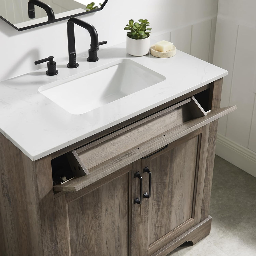 Mia Brown Grey Oak Wood 36-Inch Single Bathroom Vanity with Sink, Double Shaker Door Cabinet, Adjustable Shelf, Matte Black Handles, Pre-Drilled Marbled White Stone Top, Freestanding, Fully Assembled