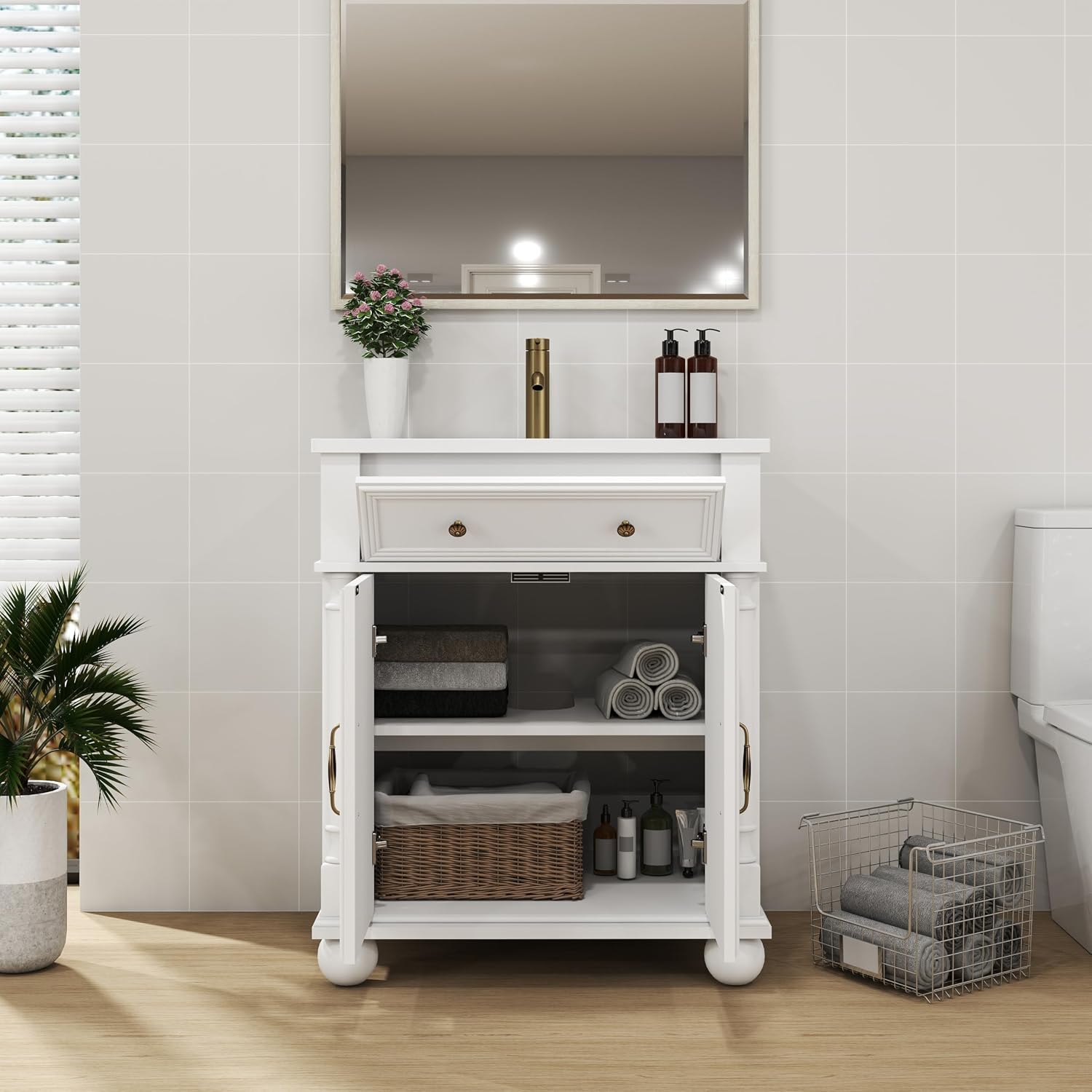 28 inch Bathroom Vanity with Sink, Modern Freestanding Bathroom Vanity Cabinet with Ceramic Sink, Flip Top Drawer, 2 Soft Closing Doors, Adjustable Shelf, Metal Handles, Round Column Base, White