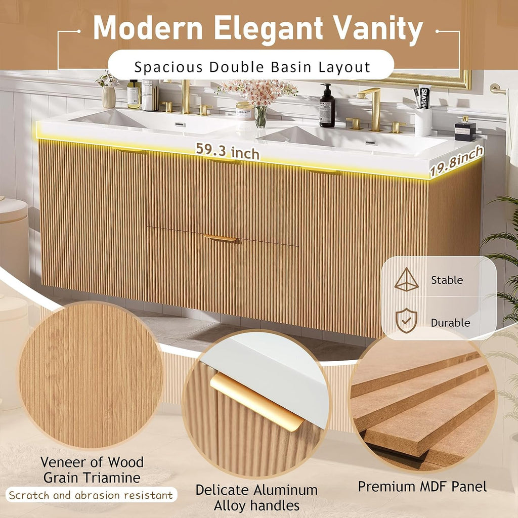 60' Bathroom Vanity with Sink Combo, Floating Double Sink Bathroom Vanity with SMC Resin Top, MDF Cabinet with 2 Soft-Close Doors 2 Drawers, Wall-Mounted Vanities for Large Bathrooms, Wood