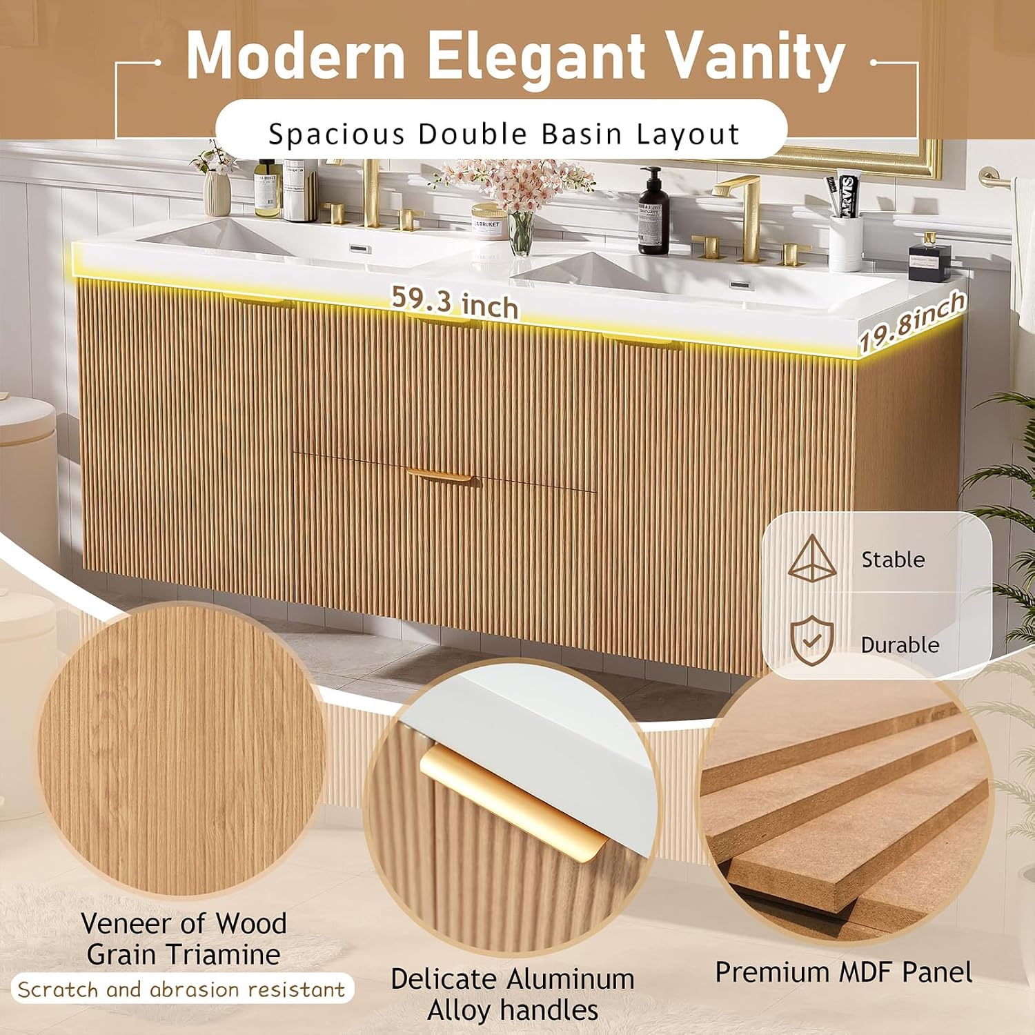 60' Bathroom Vanity with Sink Combo, Floating Double Sink Bathroom Vanity with SMC Resin Top, MDF Cabinet with 2 Soft-Close Doors 2 Drawers, Wall-Mounted Vanities for Large Bathrooms, Wood