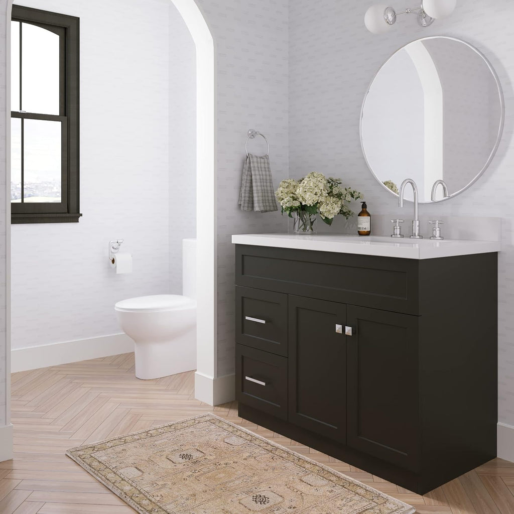 ARIEL 54' White Bathroom Vanity with Sink, 1.5' Thick Pure White Quartz Countertop, Undermount Rectangle Sink, 2 Soft Closing Doors & 4 Full Extension Dovetail Drawers, Satin Nickel