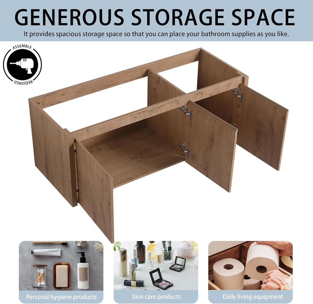 48' Floating Bathroom Vanity,48 Inch Bathroom Vanity Without Top Sink,Modern Floating Vanity Cabinet,Brown Wall Mounted Cabinet with Soft Closing Doors,Plywood(Sink Basin Not Included)