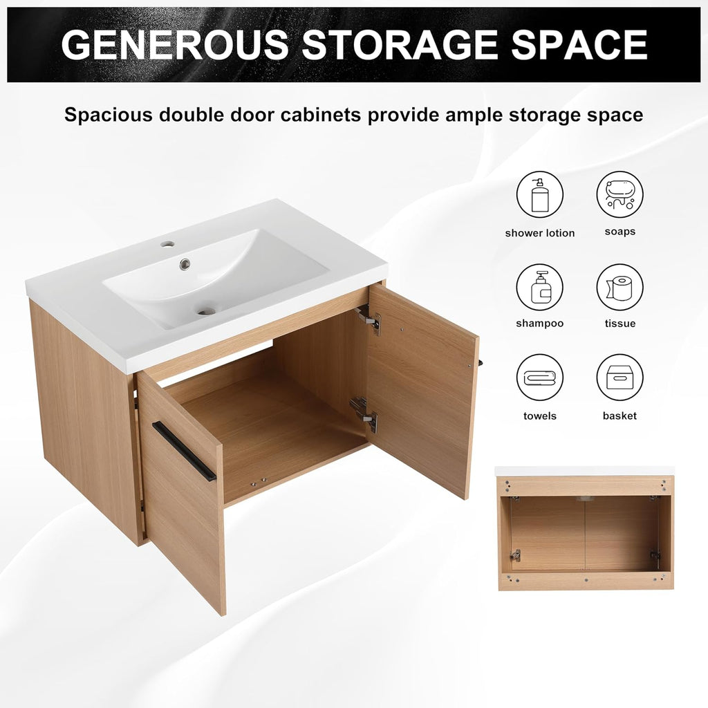 30 Inch Floating Bathroom Vanity with Sink, 30'' Wall Mount Vanity with Resin Countertop, Soft Close Doors, Double Door Storage Cabinet for Small Bathroom, Apartment, Powder Room