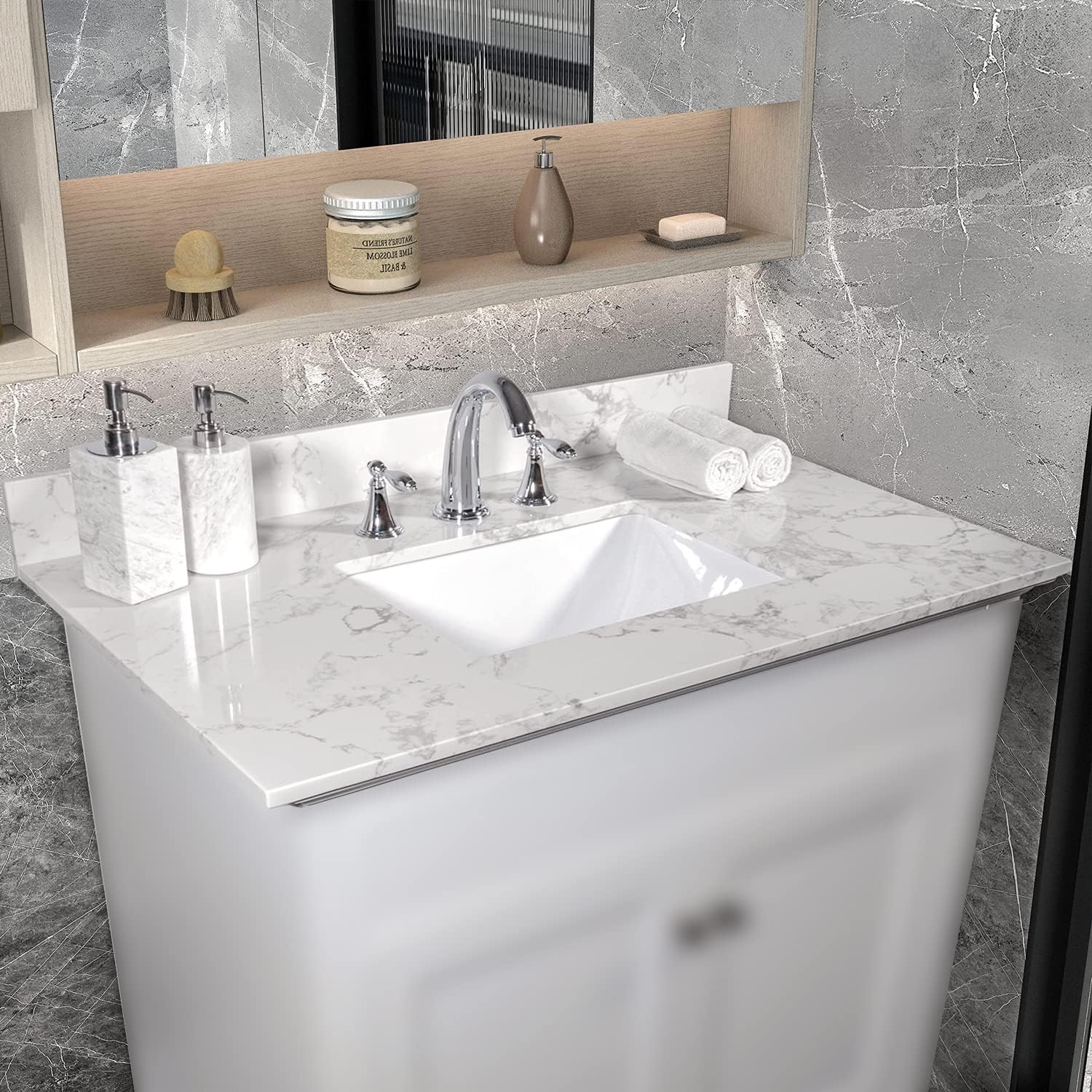 31' x 22' Bathroom Vanity Sink Top, Three Hole Engineered Stone Vanity Top with Undermounted Rectangular Ceramic Sink & Backsplash, No Cabinet