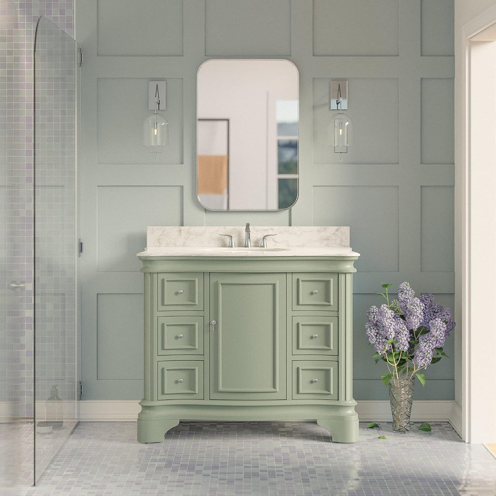 Kitchen Bath Collection Katherine 42-inch Bathroom Vanity (Carrara/Sage Green): Includes Sage Green Cabinet with Authentic Italian Carrara Marble Countertop and White Ceramic Sink
