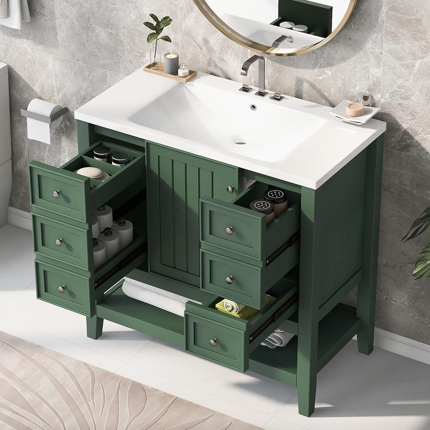 LUMISOL 36' Bathroom Vanity with Sink Combo, Bathroom Vanity Storage Cabinet with 3 Drawers & Open Shelf, Solid Wood Frame Bathroom Cabinet with Ceramic Sink, Green