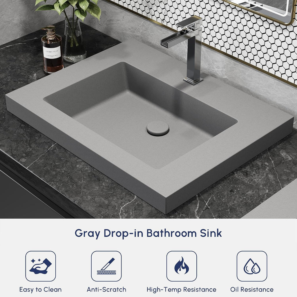 Semi Recessed Bathroom Sink, 23.4 Inch Rectangular Bathroom Vessel Sink, Drop-In Countertop Basin with Single Faucet Hole, Center Drain Assembly for Modern Vanity Cabinet, Gray