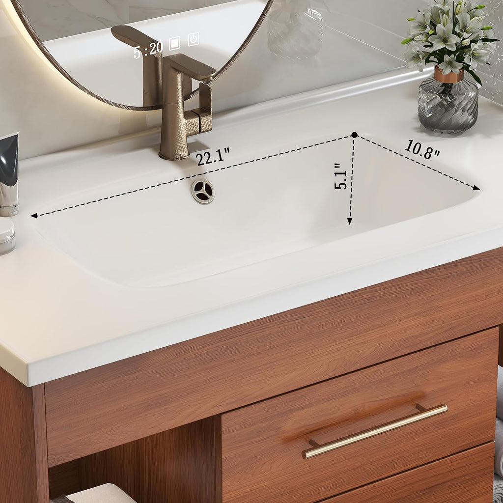 36' Floating Bathroom Vanity with Single Sink, Modern Wall Mounted Bathroom Vanities with Ceramic Basin, Wood Bathroom Vanity Cabinet with 2 Drawers and 2 Open Cabinets, Walnut