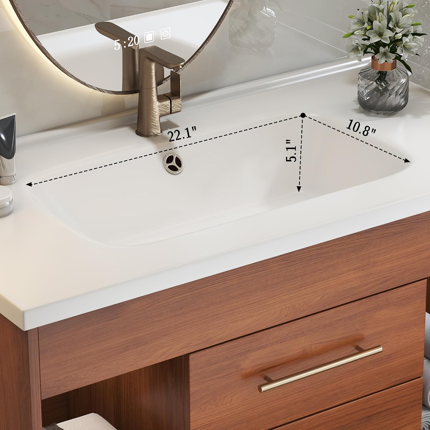 36' Floating Bathroom Vanity with Single Sink, Modern Wall Mounted Bathroom Vanities with Ceramic Basin, Wood Bathroom Vanity Cabinet with 2 Drawers and 2 Open Cabinets, Walnut