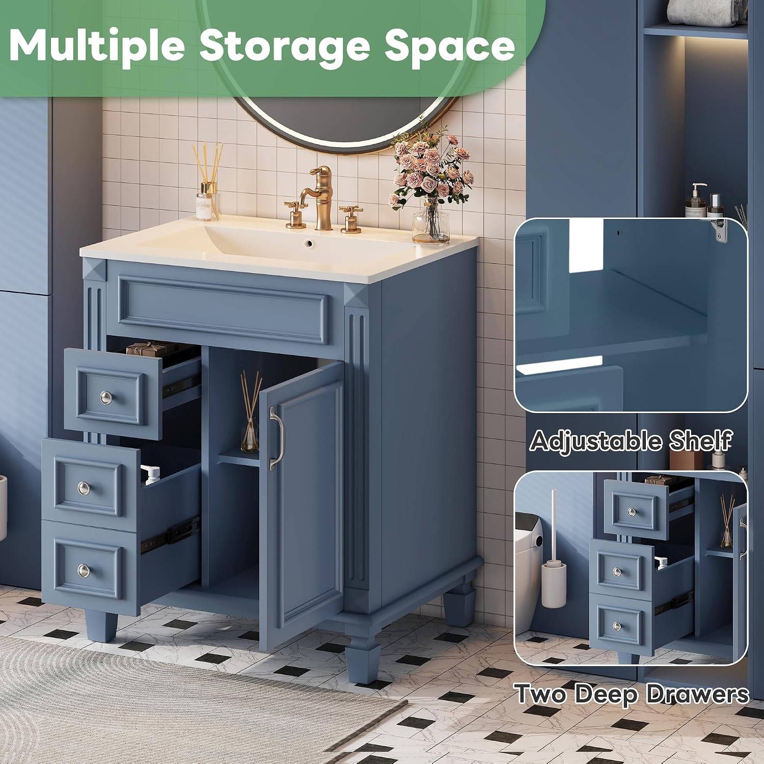 24 Inch Blue-Grey Bathroom Vanity with Sink,Modern Bathroom Vanity with 2 Left Hand Drawers & Adjustable Shelf,Soft Closing Doors & Silver Handles,Solid Wood Frame,French Embossed Front