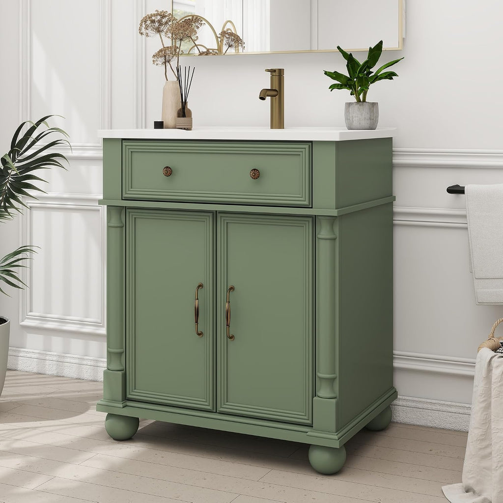 28' Vintage Bathroom Vanity with Ceramic Sink Mid-Century Bathroom Vanity with Tilt-out Drawer & Storage Cabinet with Adjustable Shelf Retro Sink Vanity with Roman Column Base & Metal Handle,Green