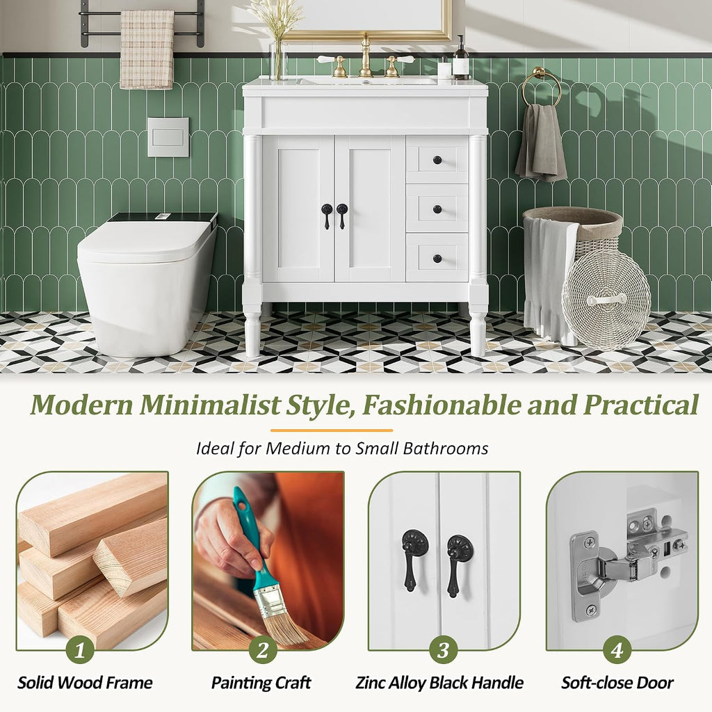 Favfurish 30' Bathroom Vanity with Ceramic Sink,2 Soft-Closing Doors and 3 Drawers,Bathroom Storage Cabinet Set w/U-Shaped Adjustable Shelf,Modern Elegant Design,Without Faucet,White