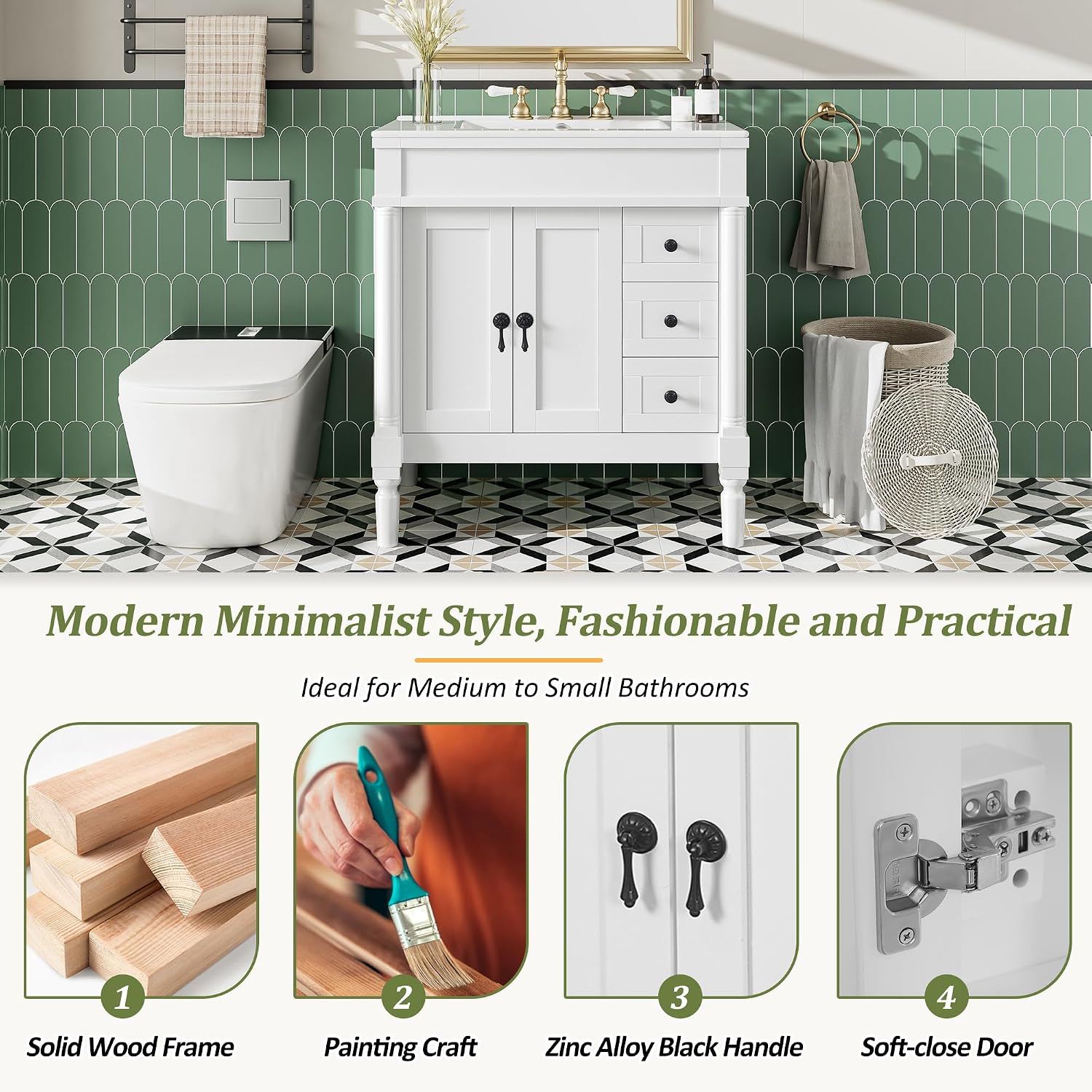 Favfurish 30' Bathroom Vanity with Ceramic Sink,2 Soft-Closing Doors and 3 Drawers,Bathroom Storage Cabinet Set w/U-Shaped Adjustable Shelf,Modern Elegant Design,Without Faucet,White