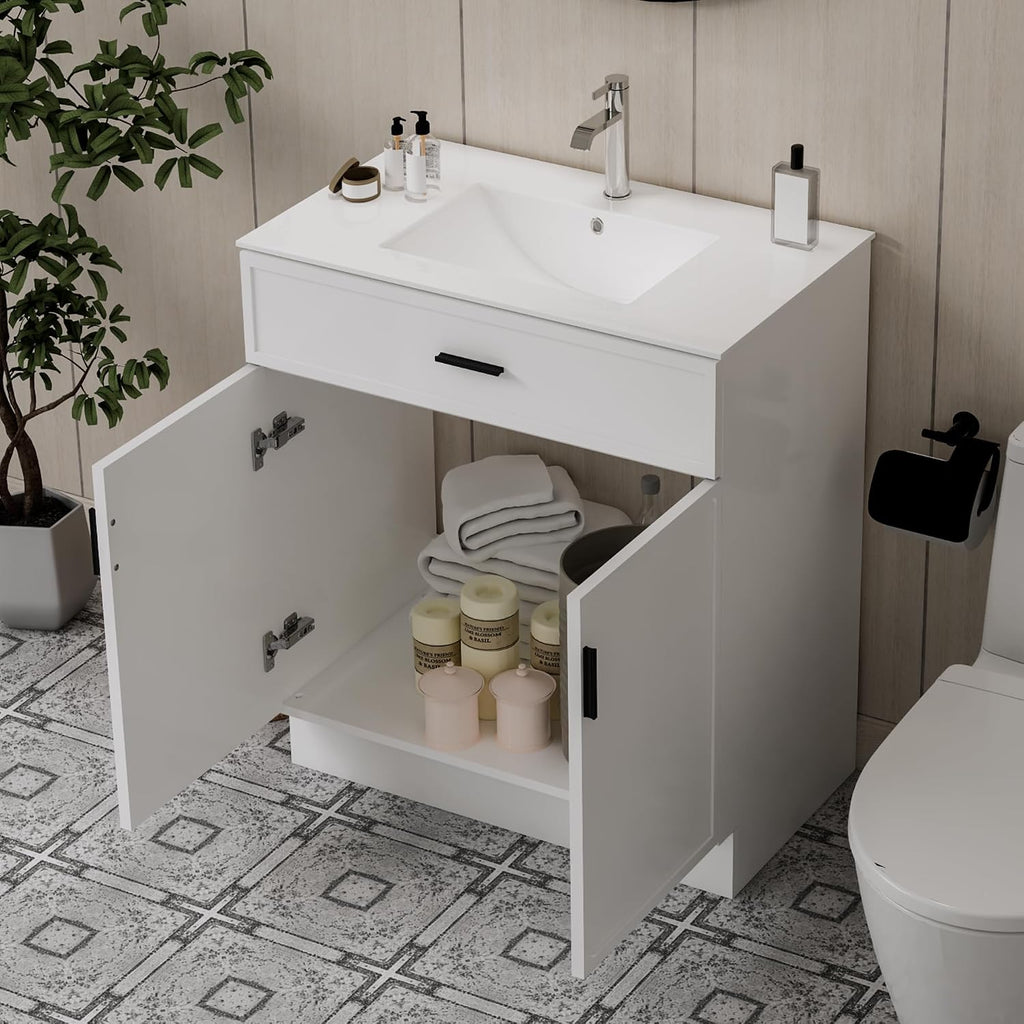 30 Inch White Bathroom Vanity with Ceramic Sink, Modern Freestanding Bathroom Cabinet with Soft-Close Doors & Storage, Moisture-Resistant Paint Surface, Single Sink Vanity for Small Bathroom