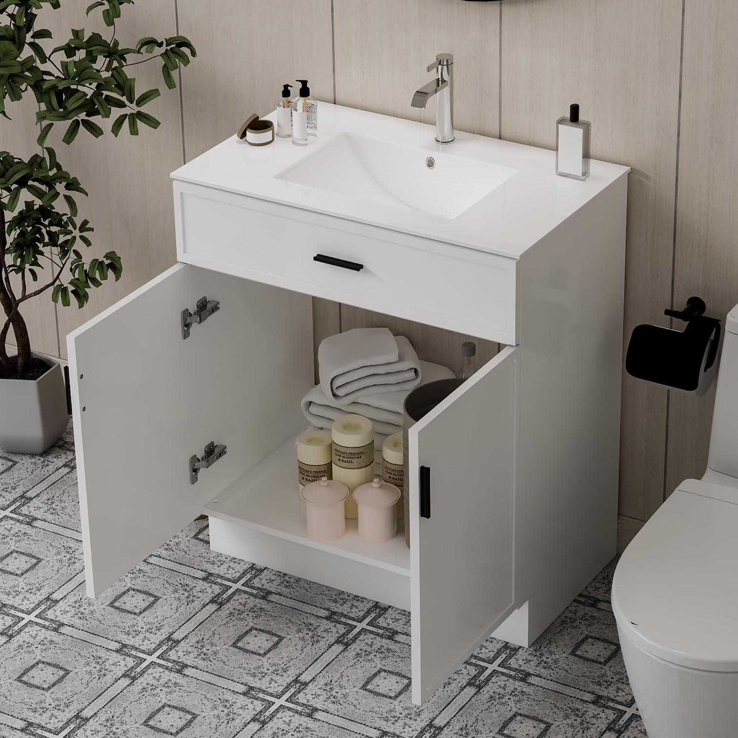 30 Inch White Bathroom Vanity with Ceramic Sink, Modern Freestanding Bathroom Cabinet with Soft-Close Doors & Storage, Moisture-Resistant Paint Surface, Single Sink Vanity for Small Bathroom