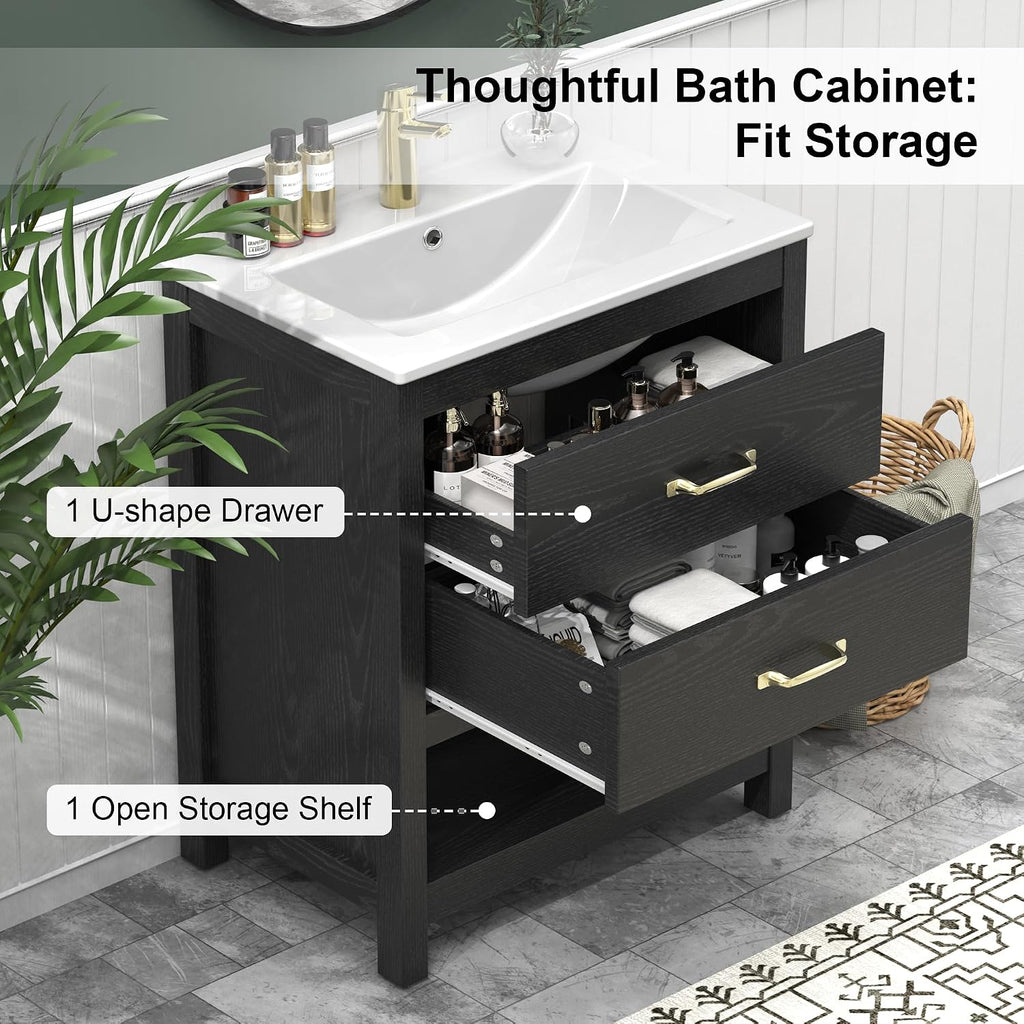 Bathroom Vanity with Sink 24 Inch, Modern Bathroom Cabinet Set with LED Light for Small Space, 2 Soft-Close Drawers with Organizer, Deep and Sloped Single Sink, Easy Assembly, Black