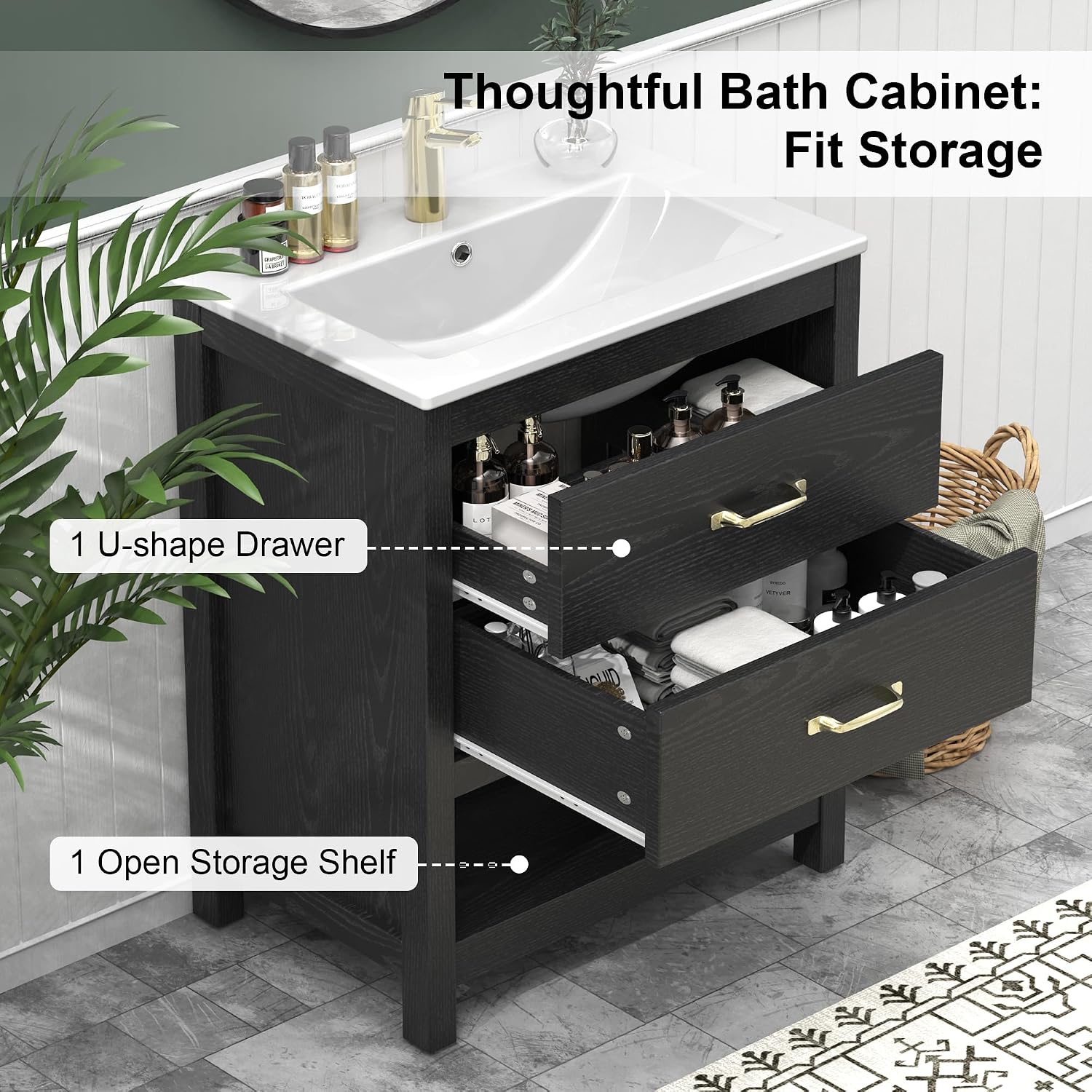 Bathroom Vanity with Sink 24 Inch, Modern Bathroom Cabinet Set with LED Light for Small Space, 2 Soft-Close Drawers with Organizer, Deep and Sloped Single Sink, Easy Assembly, Black