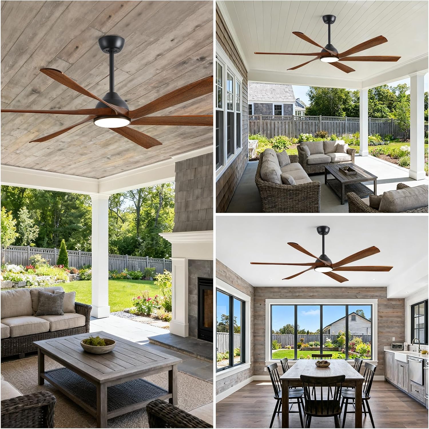 60 Inch Outdoor Smart Ceiling Fan with Lights, Alexa/App/Remote Control, Rustic Farmhouse Style-6 Wood Fan Blades, 7775 High CFM, Quiet Reversible DC Motor, 3 Downrods, Damp-Rated for Indoor Exterior