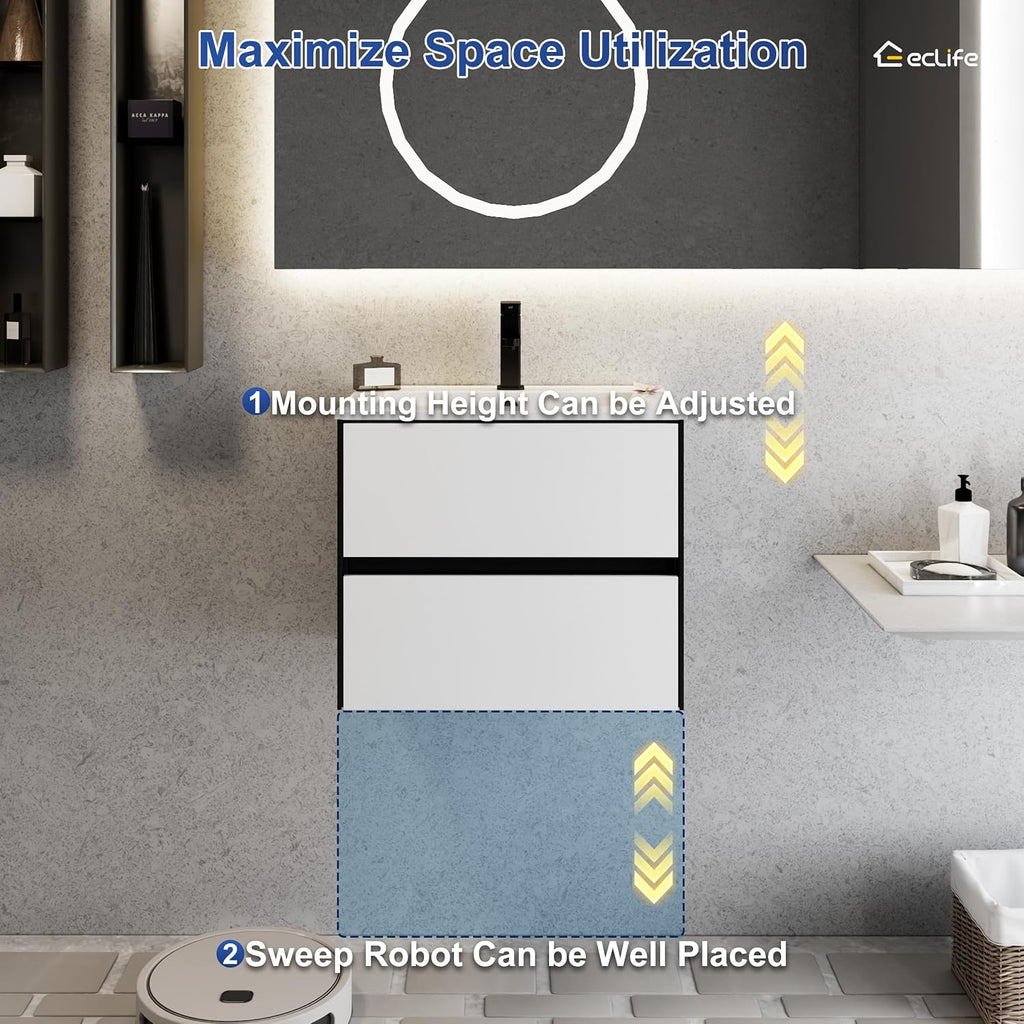 eclife 24' Bathroom Vanity Cabinet with Undermount White Sink Combo, Wall Mounted Floating Bathroom Cabinet with Colors Mixed Style, 2 Big Drawers & Matte Black Faucet