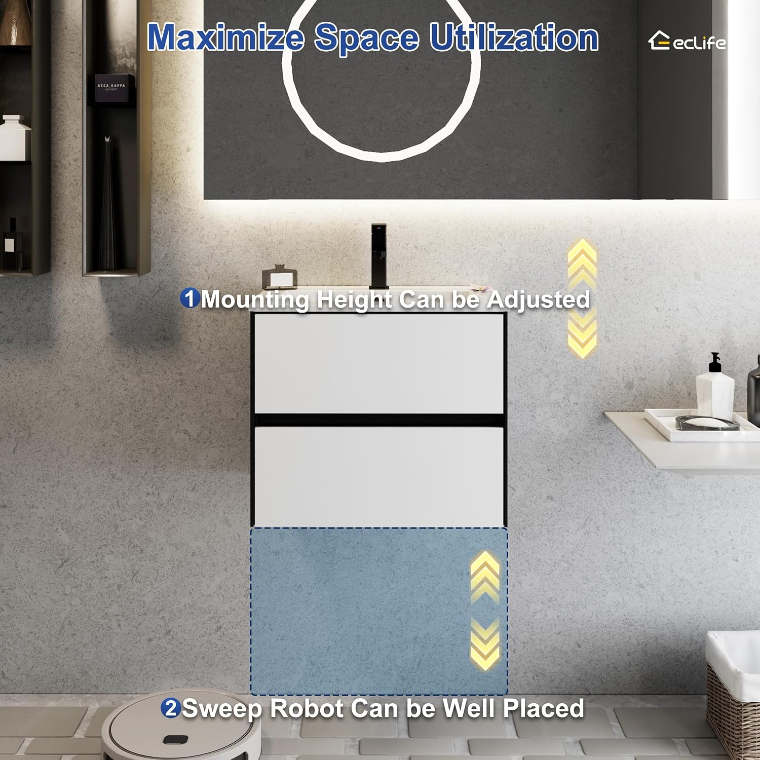 eclife 24' Bathroom Vanity Cabinet with Undermount White Sink Combo, Wall Mounted Floating Bathroom Cabinet with Colors Mixed Style, 2 Big Drawers & Matte Black Faucet