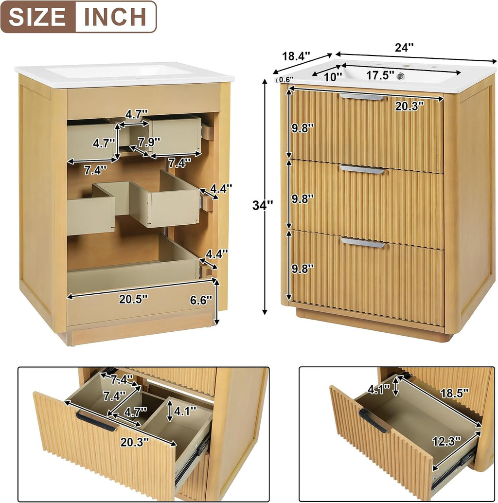 VilroCaz Modern Luxury 24'' Bathroom Vanity with Ceramic Sink, Wood Freestanding Bathroom Storage Cabinet with 3 Drawers, Single Sink Cabinet