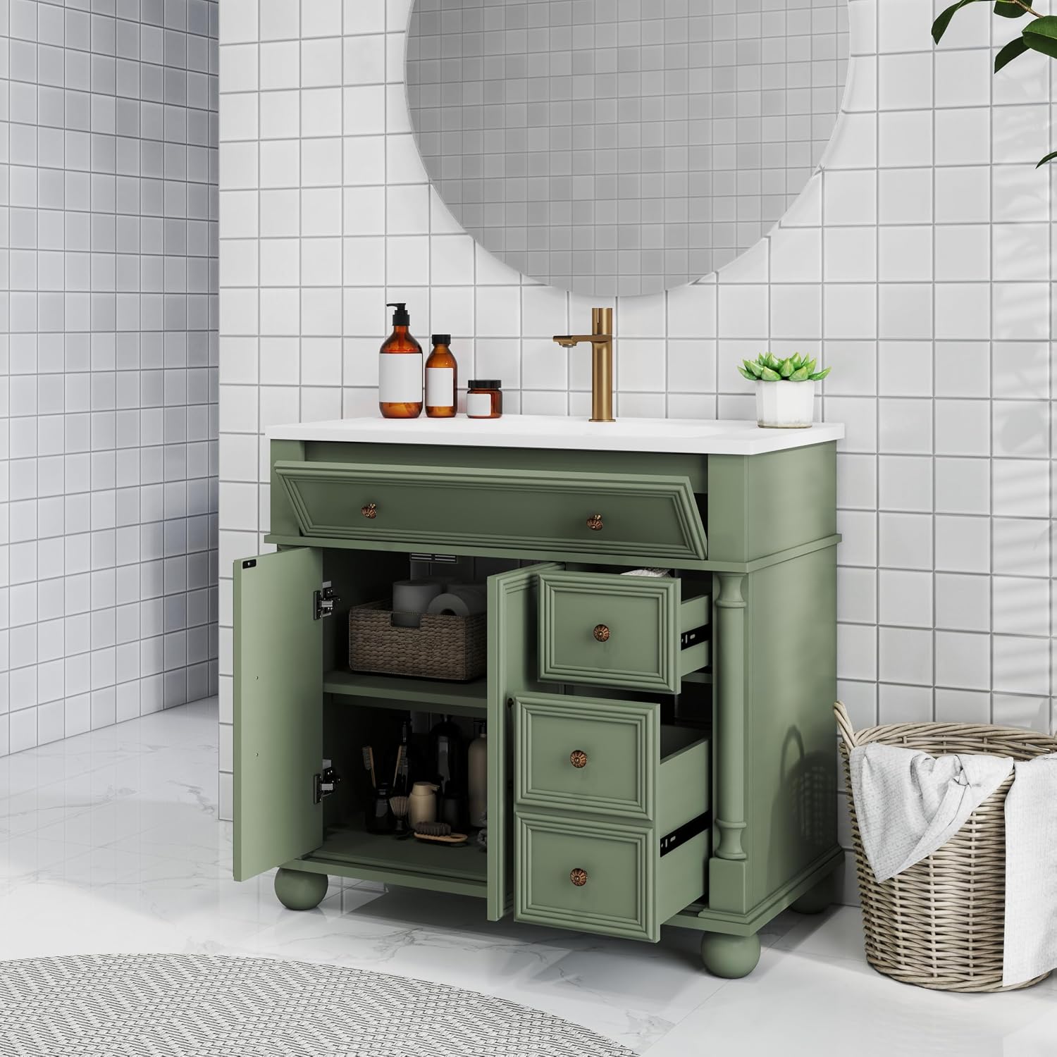 36 inch Bathroom Vanity with Sink, Freestanding Bathroom Vanity Cabinet with Ceramic Sink, Flip Top Drawer, 2 Large Capacity Drawers, Soft Closing Doors, Adjustable Shelf, Round Column Base, Green
