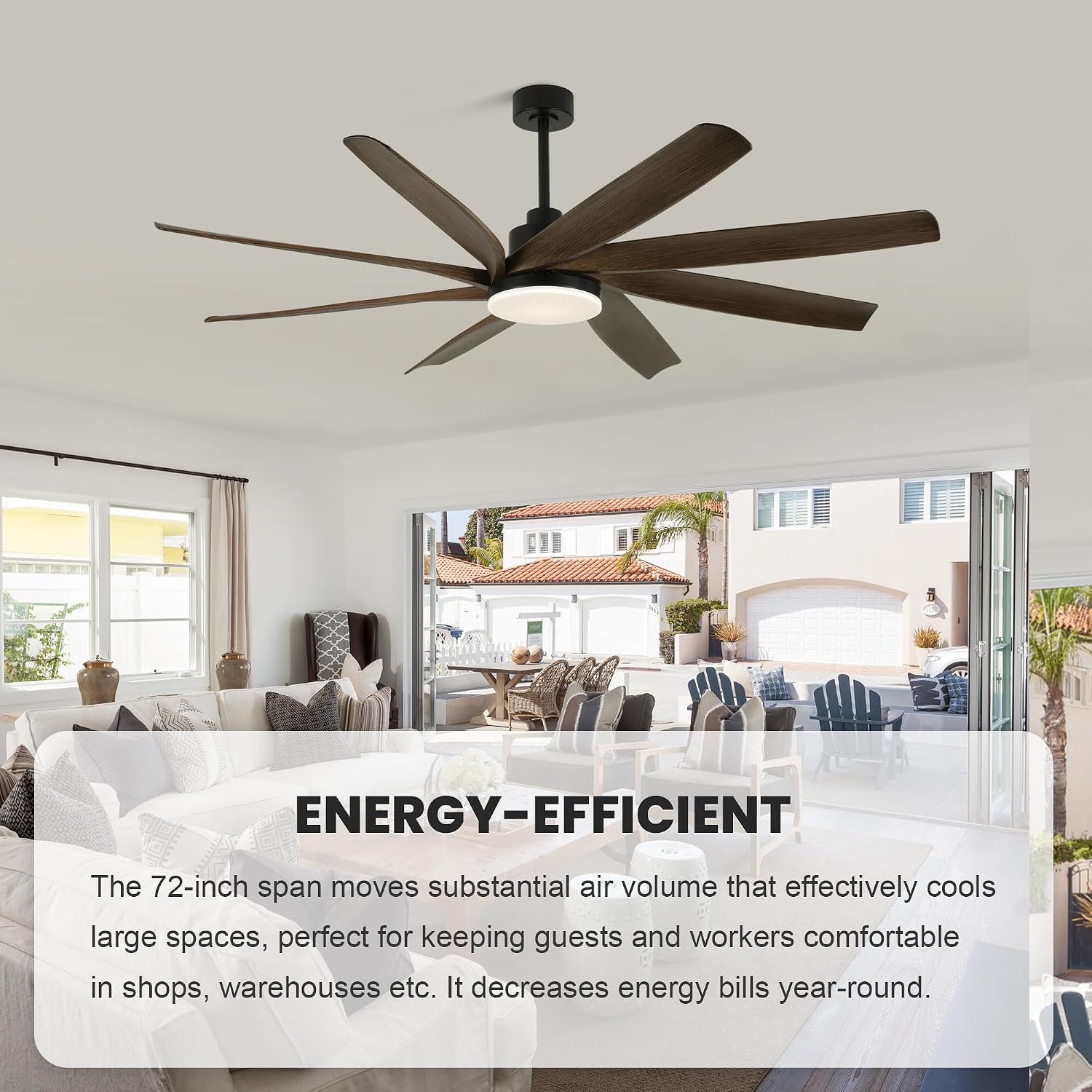 Dawn Whisper 72 Inch Ceiling Fans with Lights and Remote Black Large Modern LED Ceiling Fan for Living Room Bedroom 8 Blades 6 Speed Reversible DC Motor
