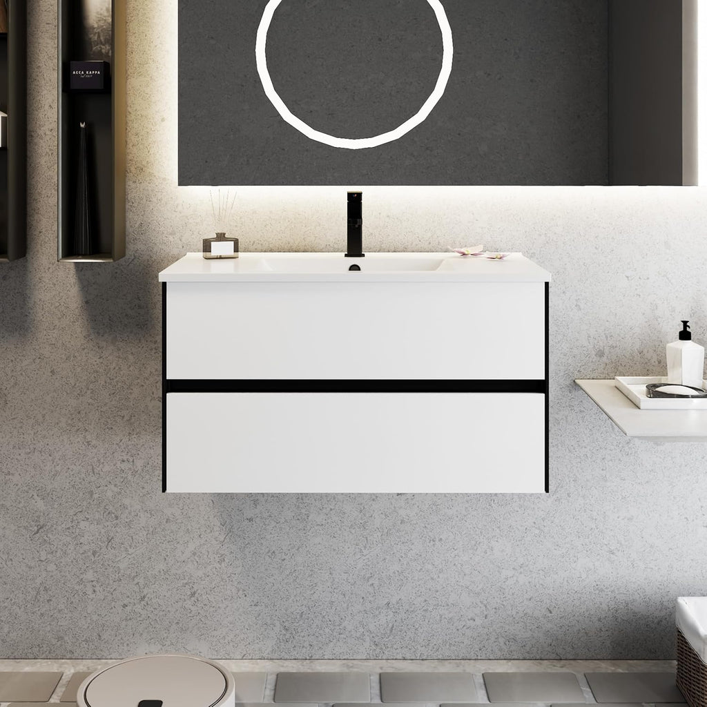 eclife 36' Bathroom Vanity Cabinet with Undermount White Sink Combo, Wall Mounted Floating Bathroom Cabinet with Colors Mixed Style, 2 Big Drawers & Matte Black Faucet