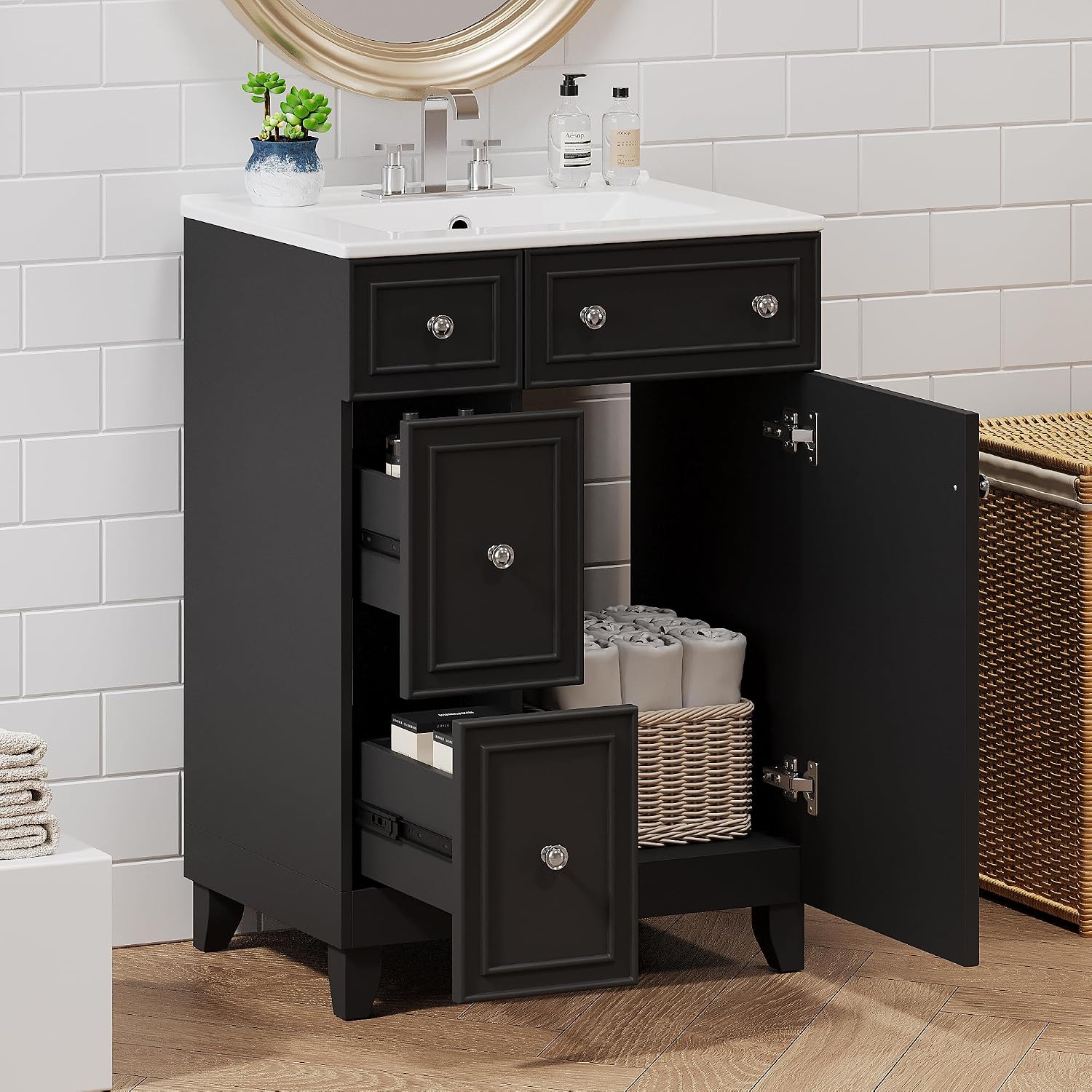 24-inch Bathroom Vanity with Sink Combo Set, Free-Standing Single Storage Cabinet with 2 Drawers and Single Door, Vanity with Ceramic Basin for Bathroom (Black)