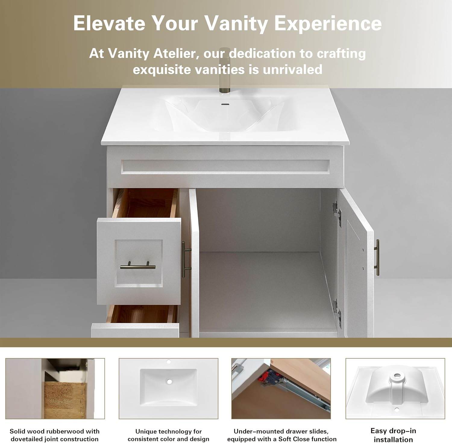 White Shaker Bathroom Vanity with Sink 36' – Solid Surface One-Piece Top, Soft-Close Doors & Drawers, Polyurethane Nano Resin Sink, Pre-Drilled Faucet Hole, Modern Bath Vanity Cabinet Set