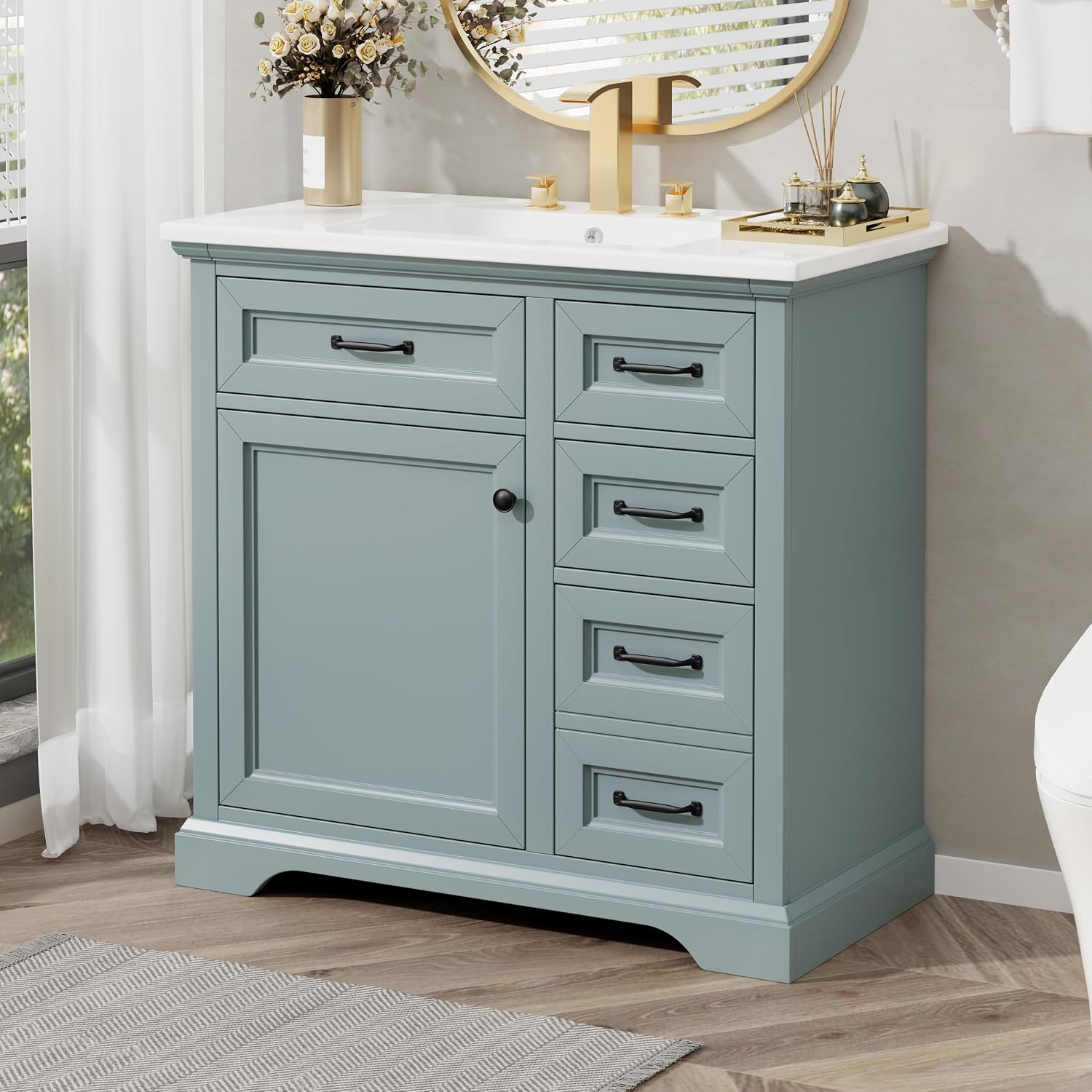 36' Bathroom Vanities with Ceramic Sink Set, Tip-Out Drawers, Storage Cabinet with Door Shelf, Soft-Closing Doors, Grey