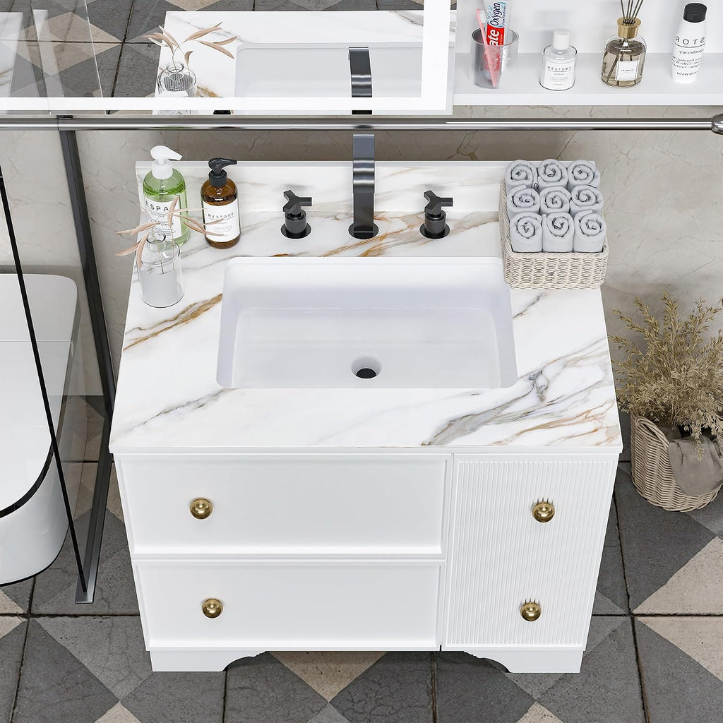 31 x 22 Inch Bathroom Vanity Top, Sintered Stone Vanity Top with Sink, Three Holes Marble Vanity Sink Top with Undermount Rectangular Sink & Backsplash (Belly Golden)