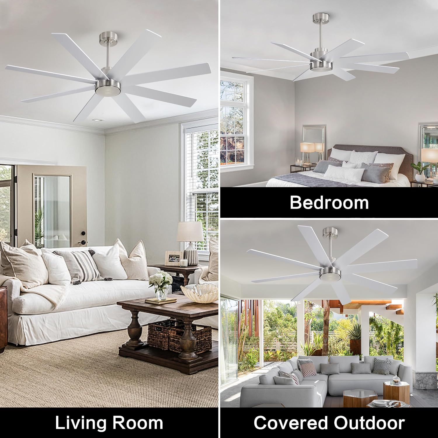 WINGBO 72' Large DC Ceiling Fans without Lights, 3 Downrods, 8 Plywood Blades, 6-Speeds Reversible DC Motor, Indoor Ceiling Fan No Lights for Bedroom Living Room Patio, Brushed Nickel and Silver