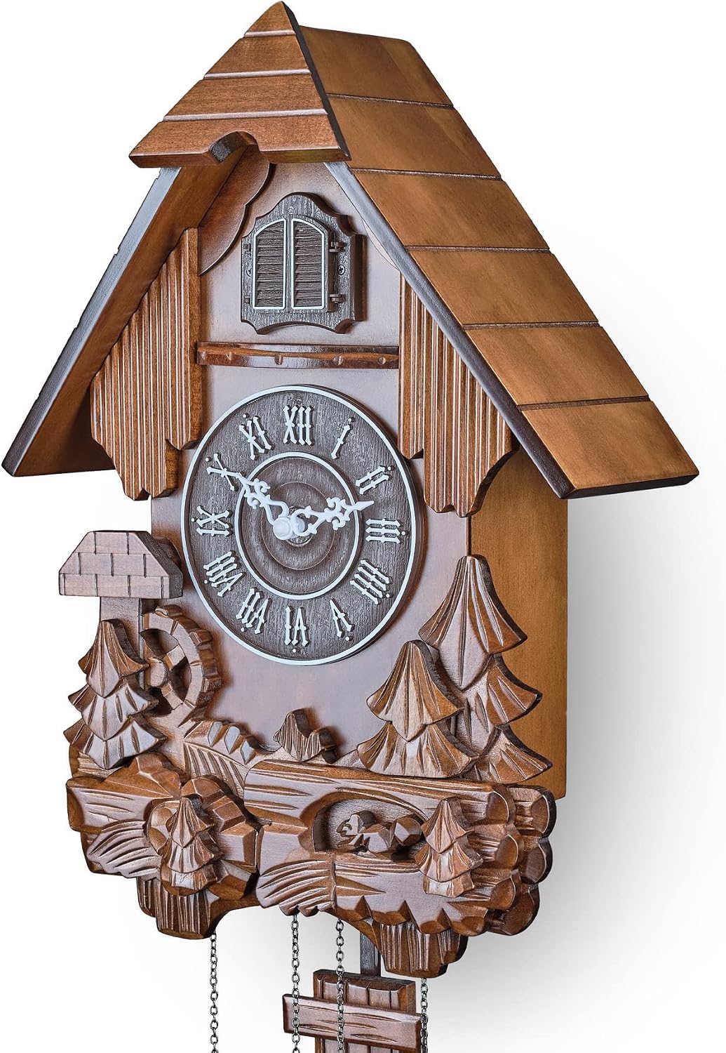 TIMEGEAR Cuckoo Clock with Automatic Night Mode, Swinging Pendulum and Quartz Movement (Brown)