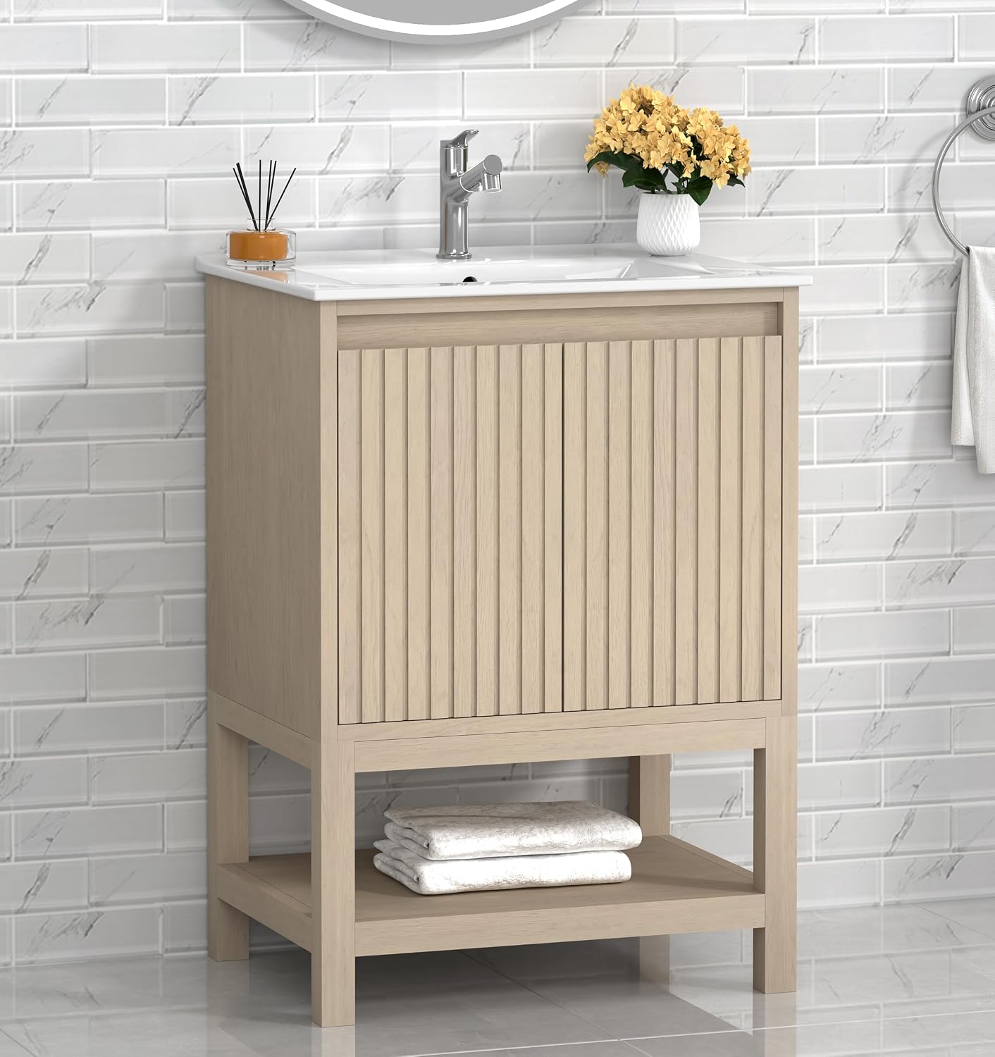 TILE & TOP Bathroom Vanity Set with Top, Sink and Backsplash, Solid Wood, Soft-Close Drawers, 1 Open Shelf, Adjustable Feet, Customer Support. (Coastal Oak, 24' Freestanding)