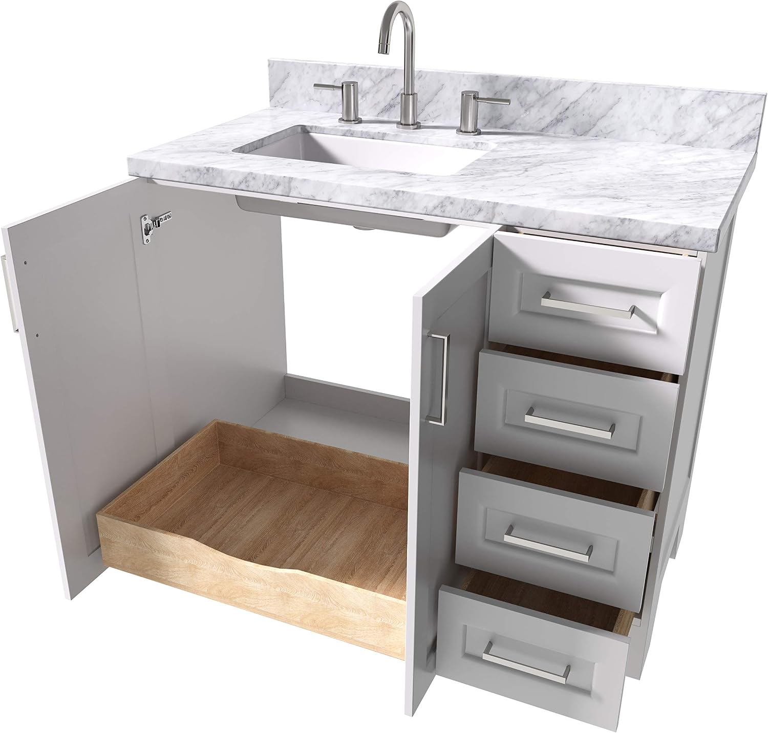 ARIEL Taylor 42-inch Bathroom Vanity with Sink,Solid Wood, 1.5-inch Italian Carrara Marble Countertop, Single Rectangular Porcelain Sink, 2 Soft Closing Doors, 5 Dovetail Drawers, White