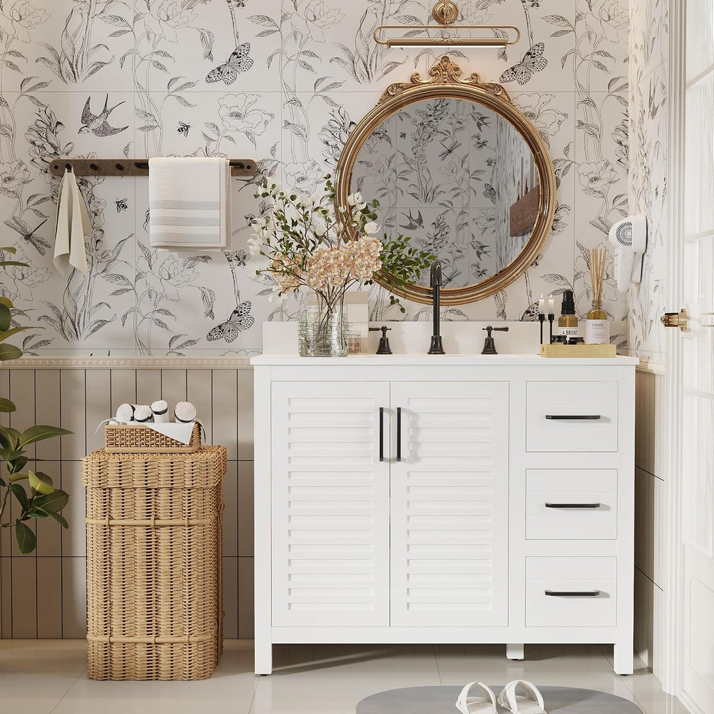 42' White Single Sink Bathroom Vanity with Top and Sink, Freestanding Modern Bath Storage Cabinet with Quartz Countertop, 3 Drawers, Soft Closing Louvered Doors, Pre-Assembled