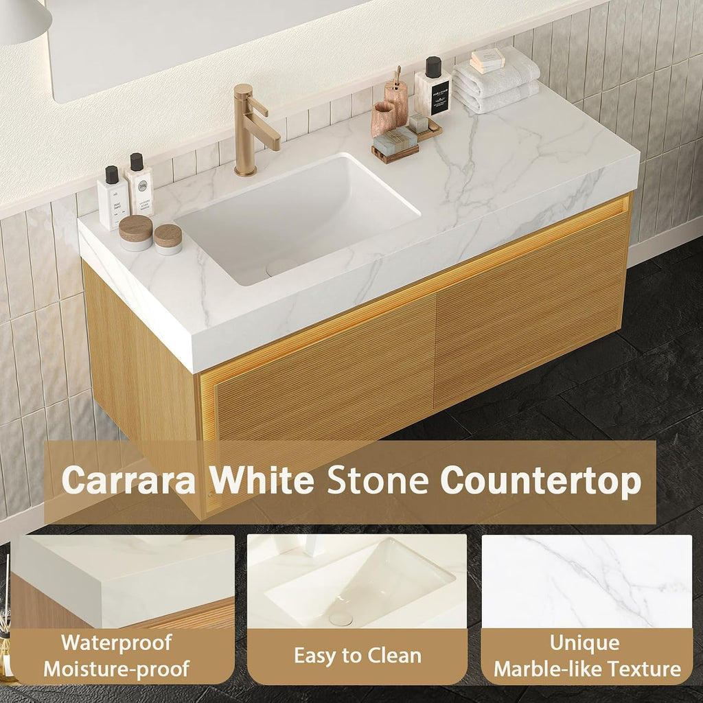 Eleshine 48' Floating Bathroom Vanity with Single Sink, Wall Mounted Cabinet with Sensor LED Light, Soft Close Drawer, Fluted Design, Carrara White Top, Light Oak, Pre-Assembled
