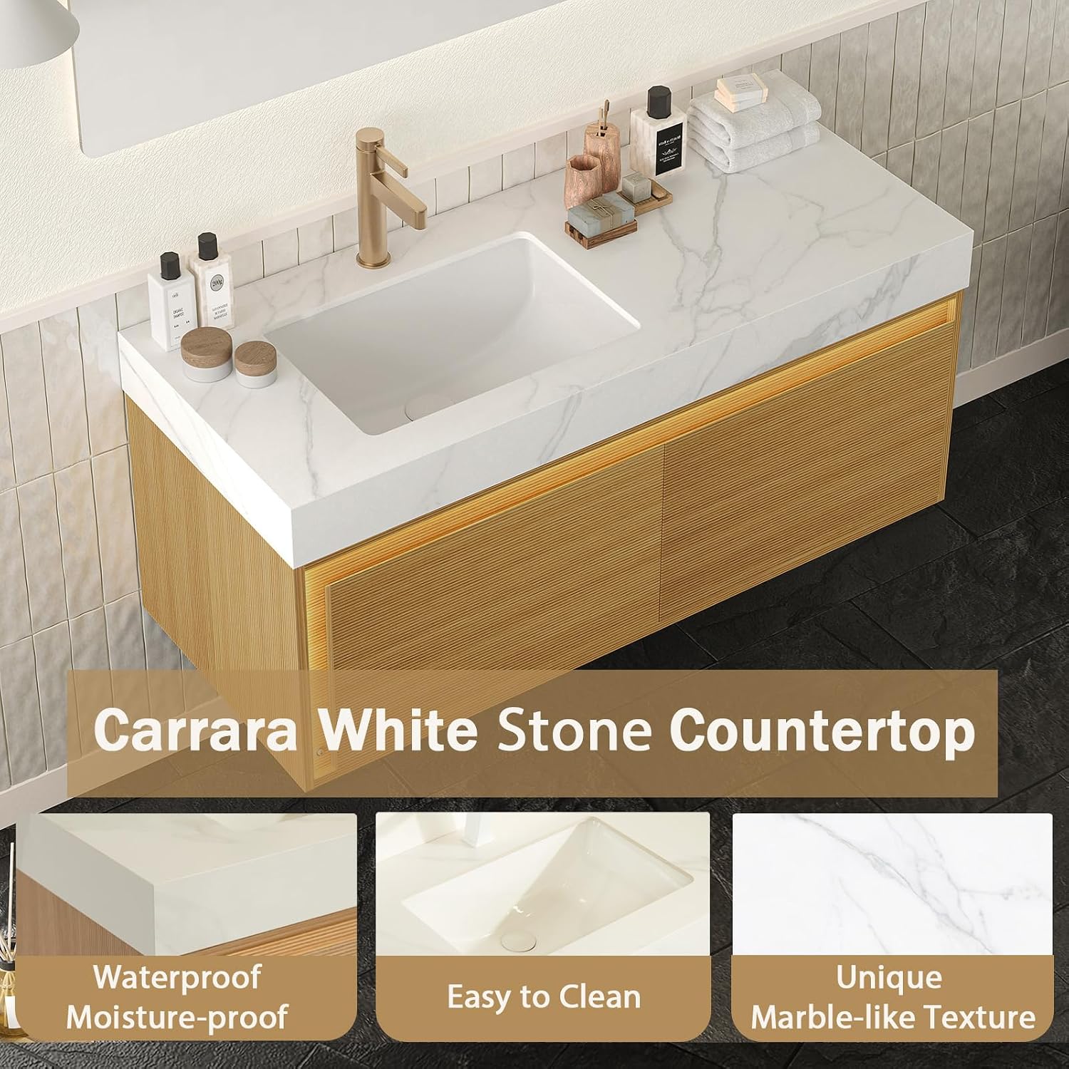 Eleshine 48' Floating Bathroom Vanity with Single Sink, Wall Mounted Cabinet with Sensor LED Light, Soft Close Drawer, Fluted Design, Carrara White Top, Light Oak, Pre-Assembled
