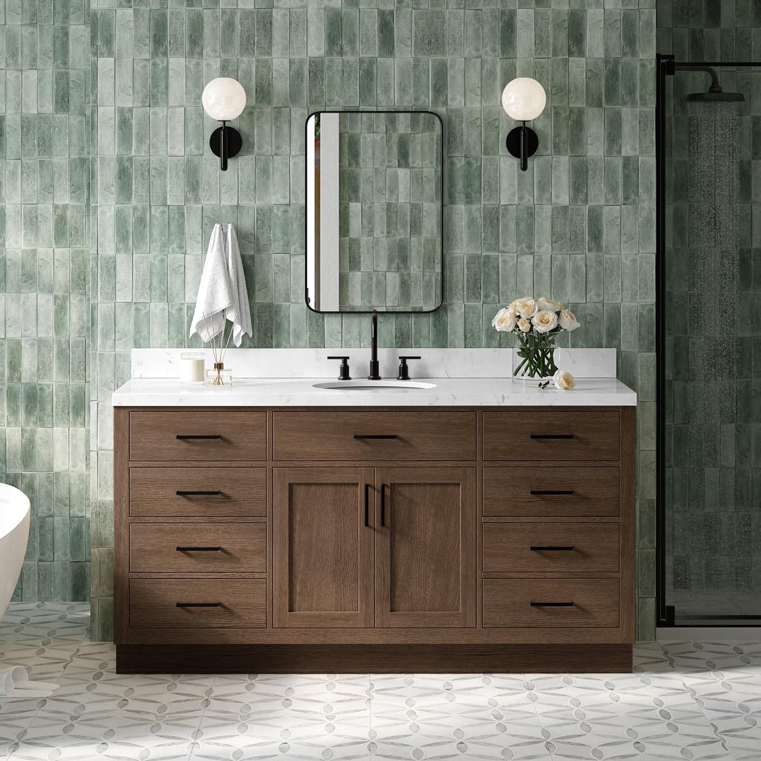ARIEL Hepburn 66-inch Bathroom Vanity with Sink,Solid Wood, 1.5-inch Carrara White Quartz Countertop & Backsplash, Single Oval Porcelain Sink, 2 Soft Closing Doors, 9 Dovetail Drawers, Brown Oak