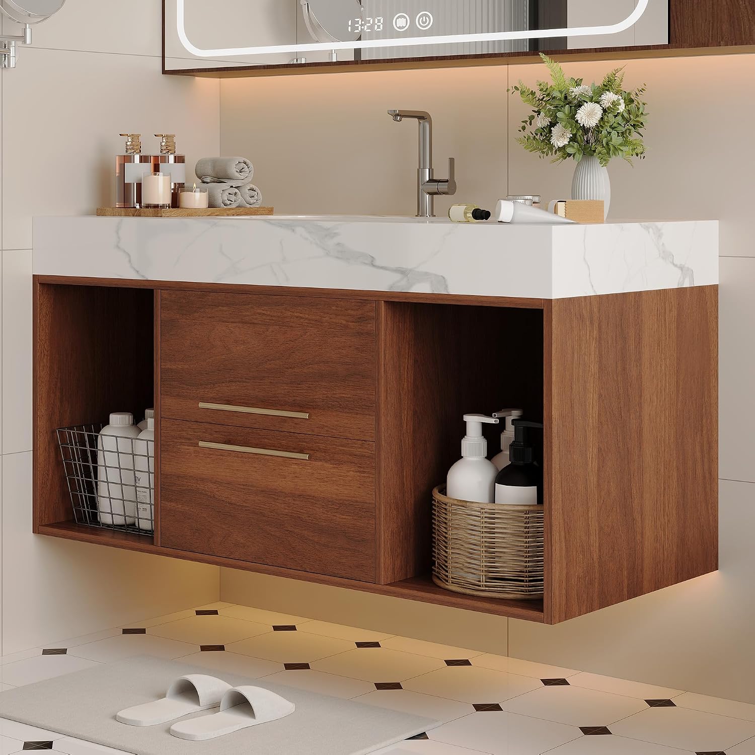 40 inch Bathroom Vanity with Ceramic Sink and Stone Marble Counter Top Modern Wall Mounted Floating Bathroom Sink Cabinet with 2 Drawers&2 Open Shelves&Gold Metal Handle, Walnut