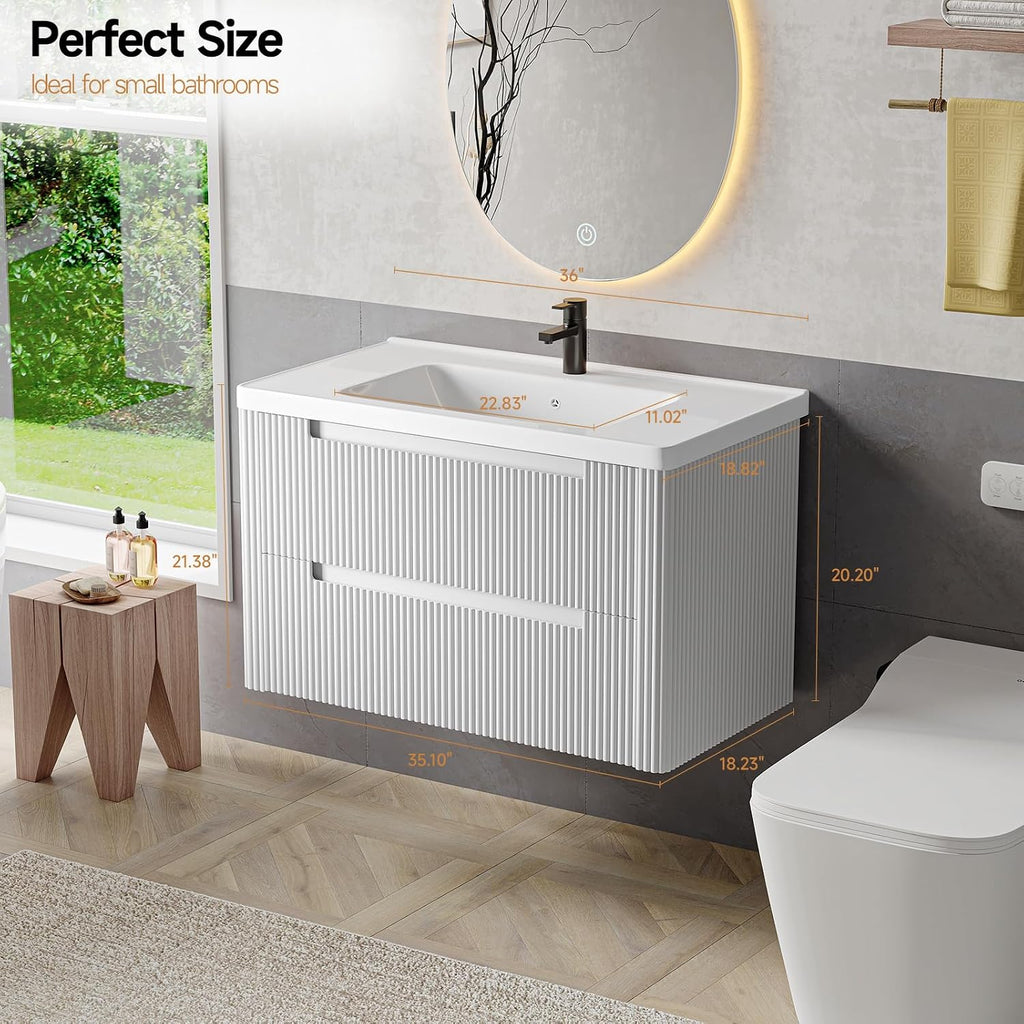 ONBRILL Modern Bathroom Vanity with Sink Combo, Curved Floating Bath Vanity with 2 Drawers, Wall Mount Bathroom Vanities with Integrated Ceramic Sink for Small Space, Apartment (White, 36')