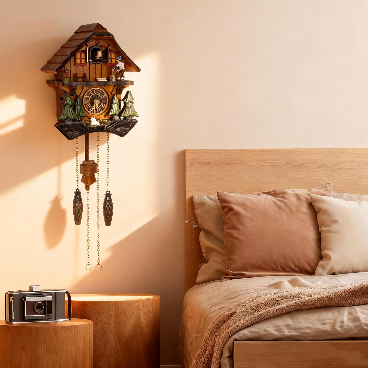 Cuckoo Clock, Black Forest Style Wooden Pendulum Quartz Wall Clock, Volume Control, Night Silent, Gift Package, Professional Service