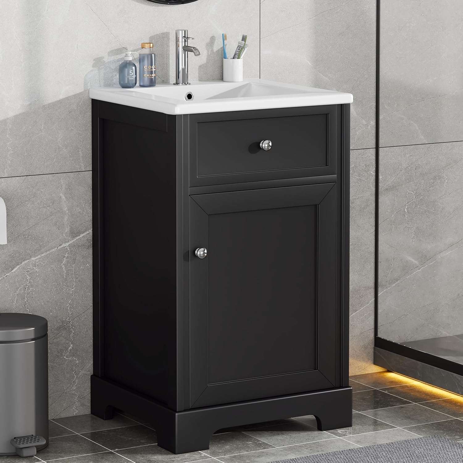VilroCaz Modern 20' Bathroom Vanity with Sink, Freestanding Bathroom Cabinet with Soft Closing Door, Storage Rack and Adjustable Shelve (Black-10.8)