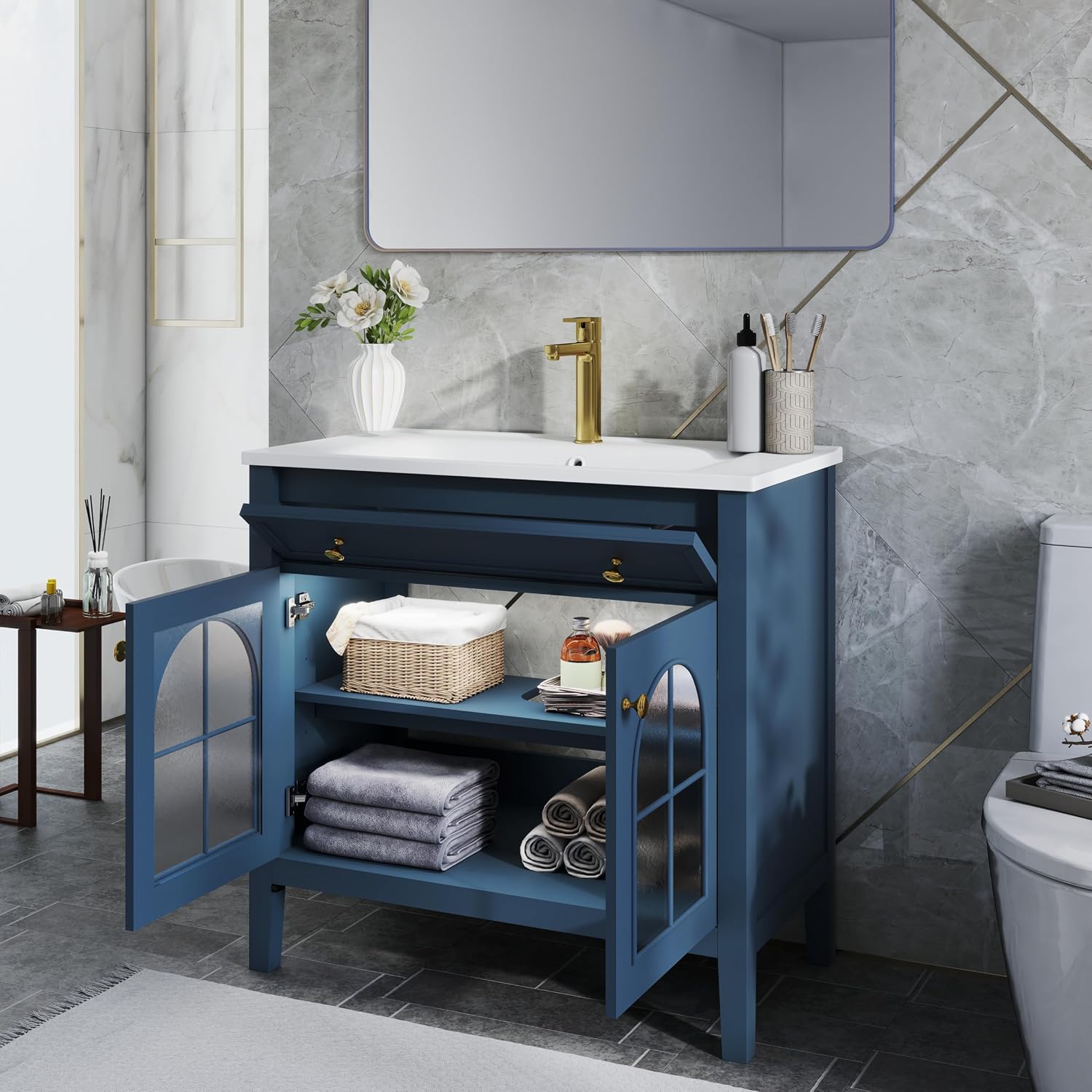 36 inch Bathroom Vanity with Sink Combo, Mid Century Modern Freestanding Bathroom Cabinet with Integrated Ceramic Sink, Flip Top Drawer, Flower Patterned Glass Doors, Adjustable Shelves, Blue