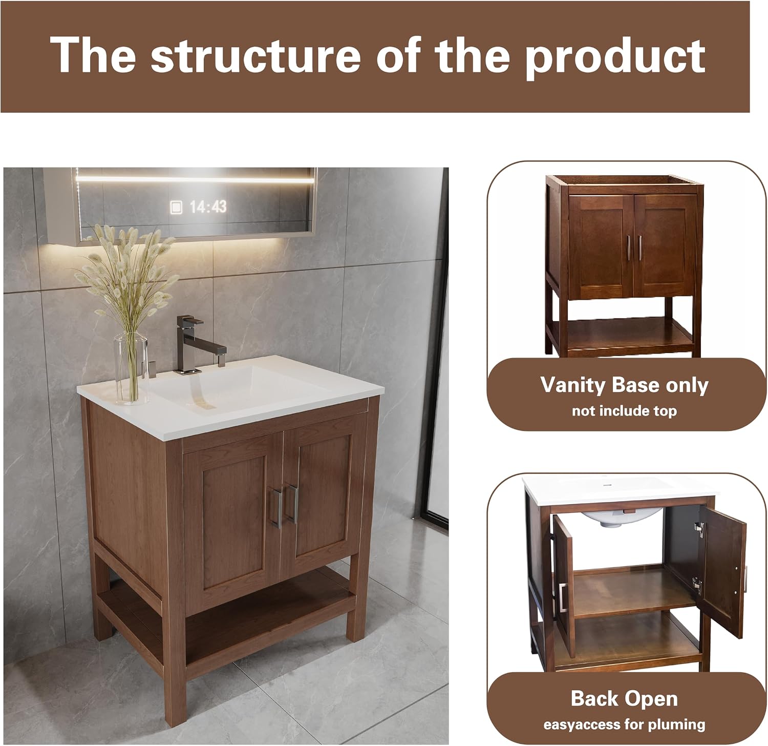 30' Bathroom Vanity Base – Freestanding Solid Wood Cabinet with Open Shelf, Soft-Close Doors, Natural Wood Finish, Sink Base Cabinet Only (No Top)