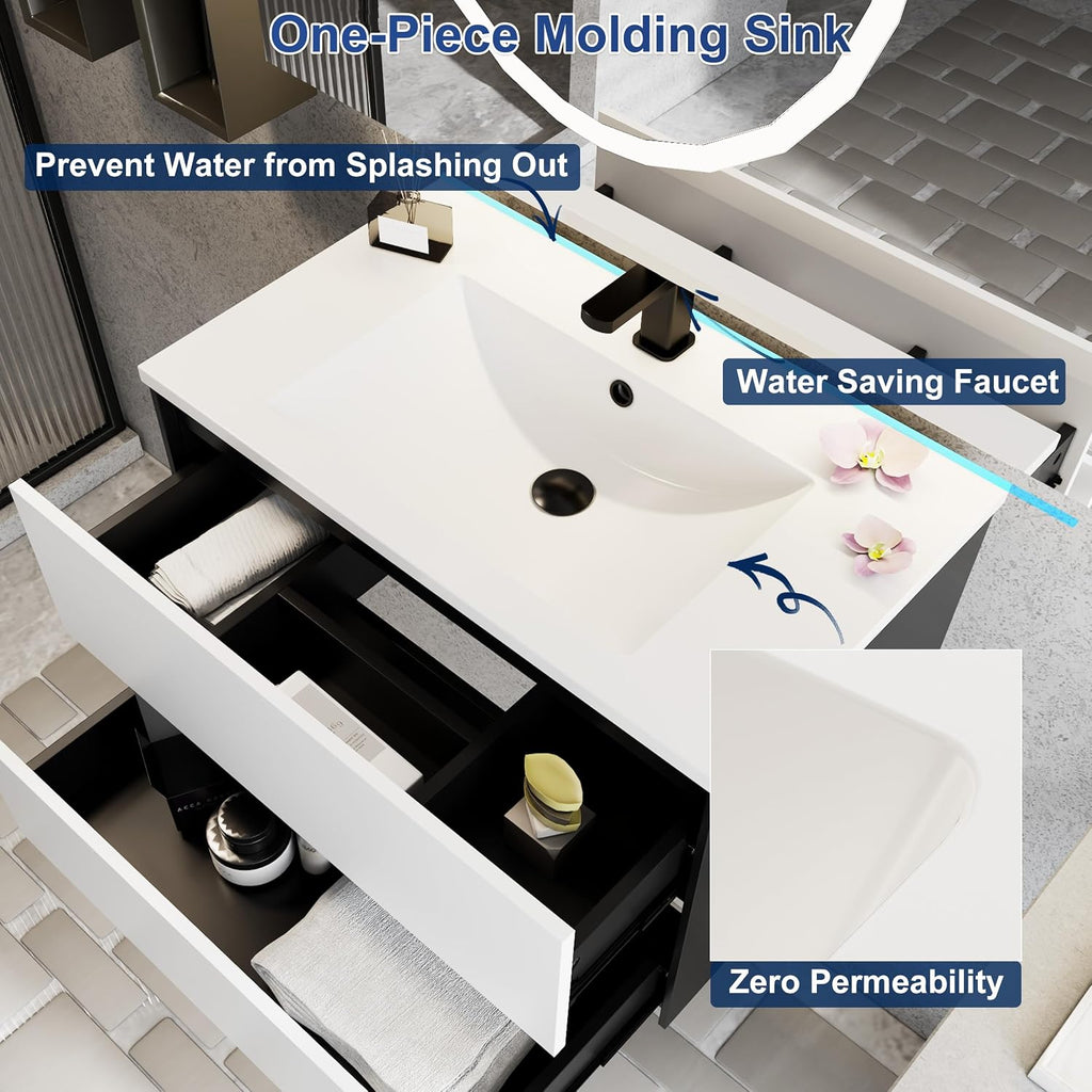 eclife 30' Bathroom Vanity Cabinet with Undermount White Sink Combo, Wall Mounted Floating Bathroom Cabinet with Colors Mixed Style, 2 Big Drawers & Matte Black Faucet